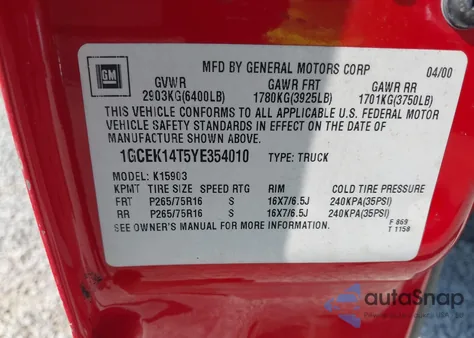 2000 Chevrolet Silverado 1500 Ls from USA, damaged, VIN 1GCEK14T5YE354010